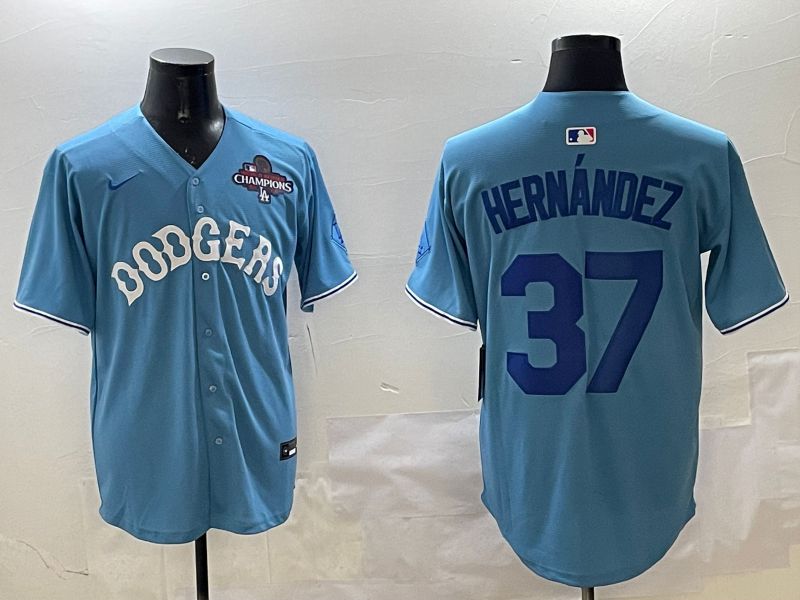 Men Los Angeles Dodgers #37 Hernandez Light Blue Joint Name 2025 Nike MLB Jersey style 4
